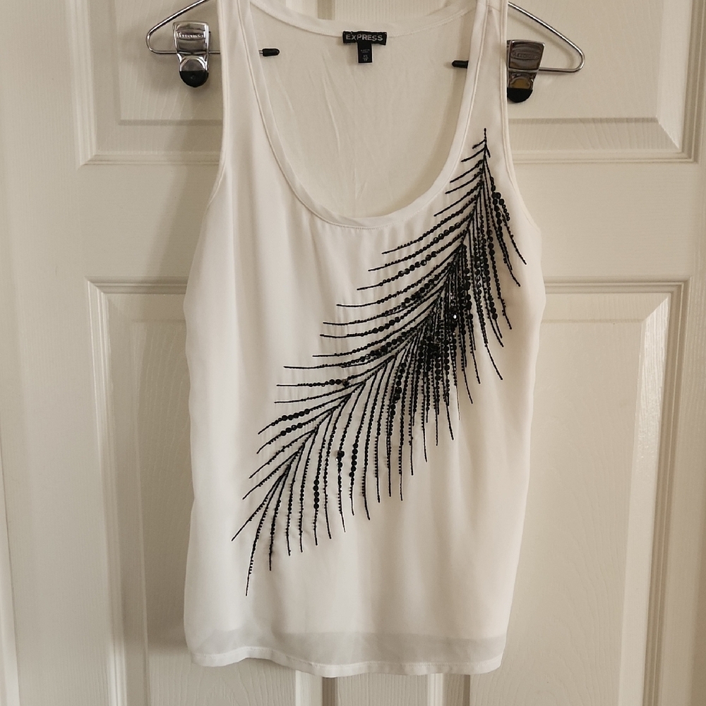 Express White Tank Top with Black Beaded Design